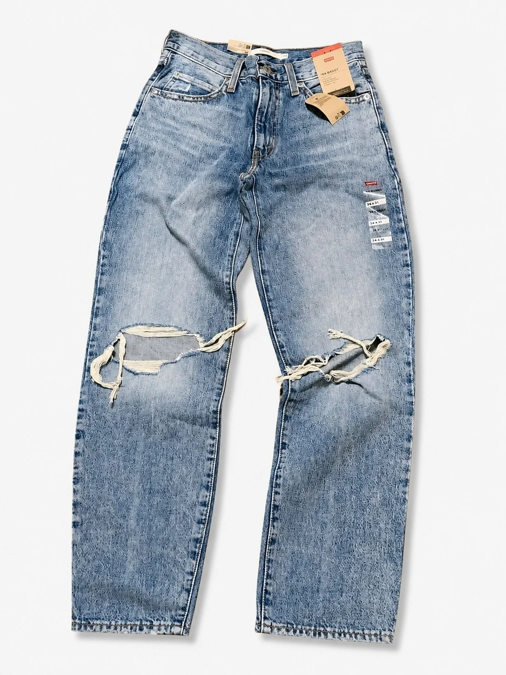 Levi’s Women’s 94 Baggy Jeans 24x31 Light Wash Distressed Mid Rise Straight Leg - Picture 2 of 12